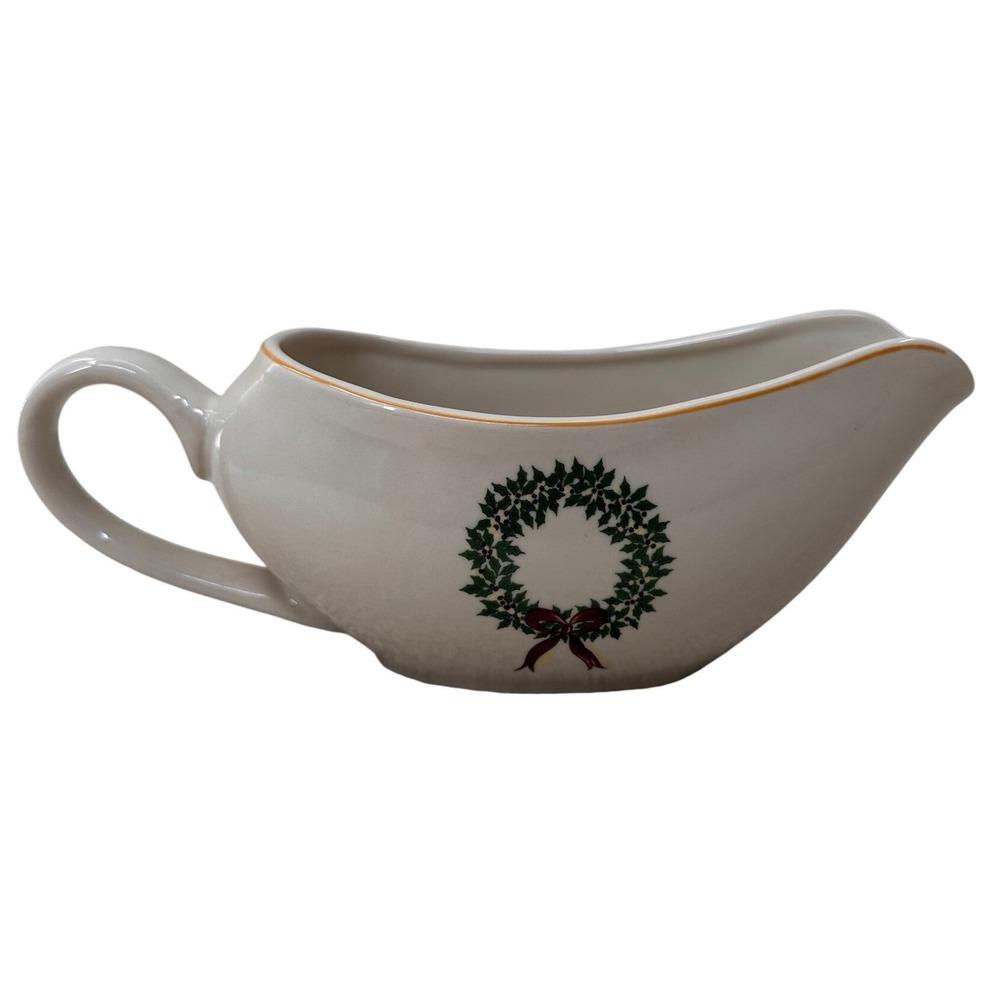 Merry Brite Gravy Boat Christmas Holly Wreath Ceramic Cream Holiday Serving Dish